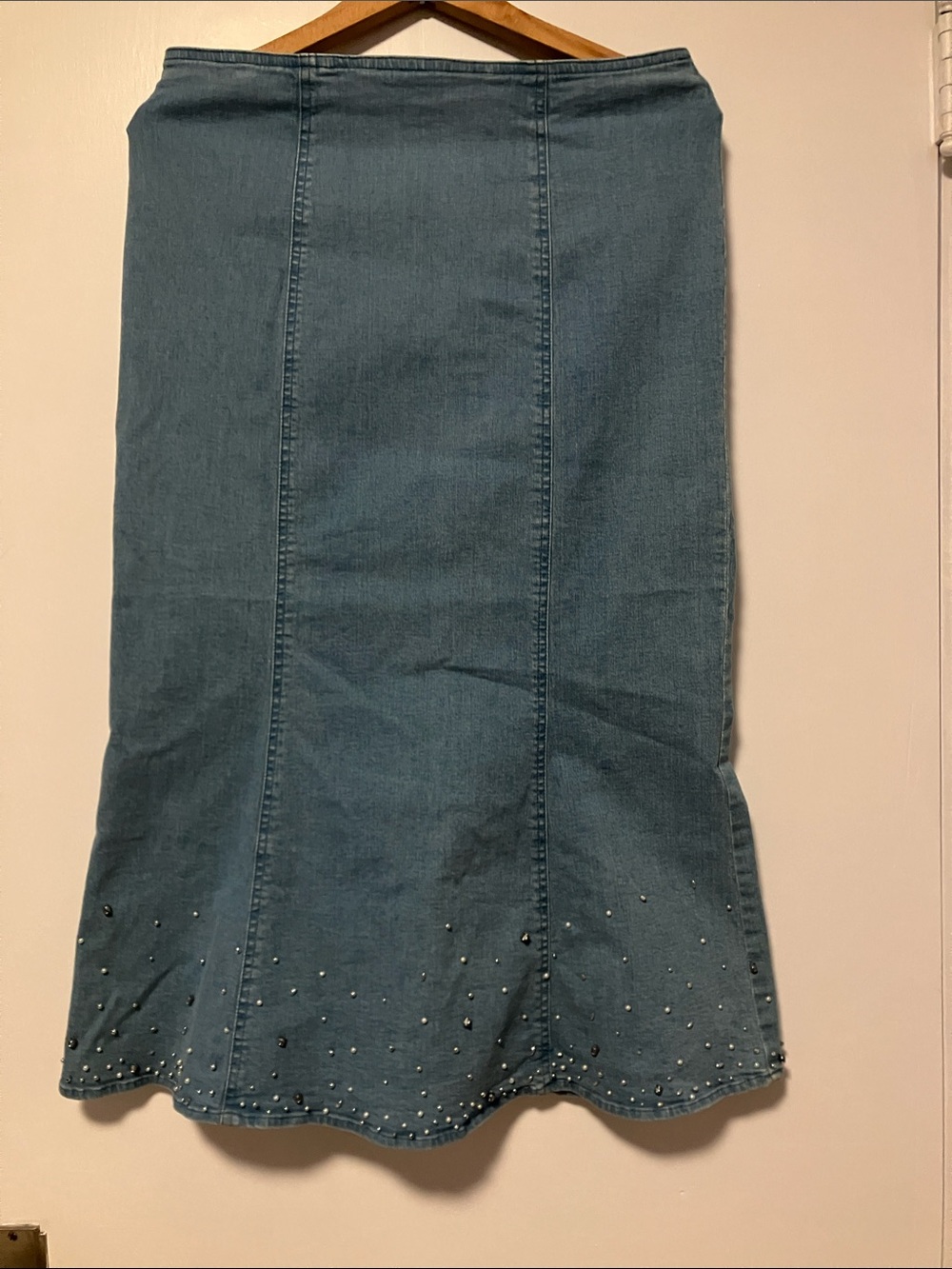 Vintage City Girl by Nancy Bohen Denim Maxi Skirt with Hem Stud Pearl Detail